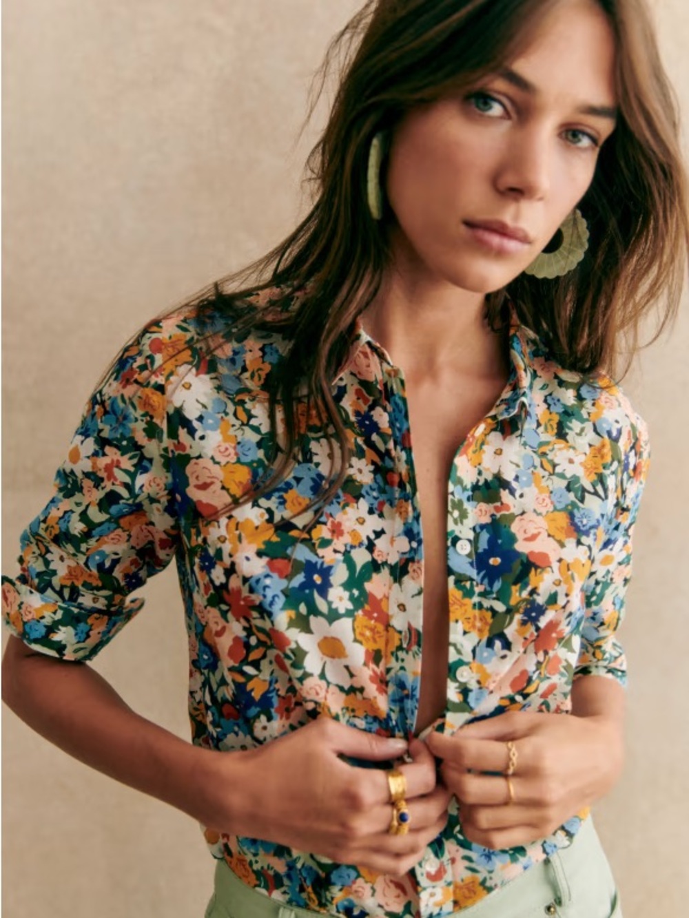 Sezane Floral Pierro Shirt Fall Flowers Button Up Blouse Silk Blue Size Small 36